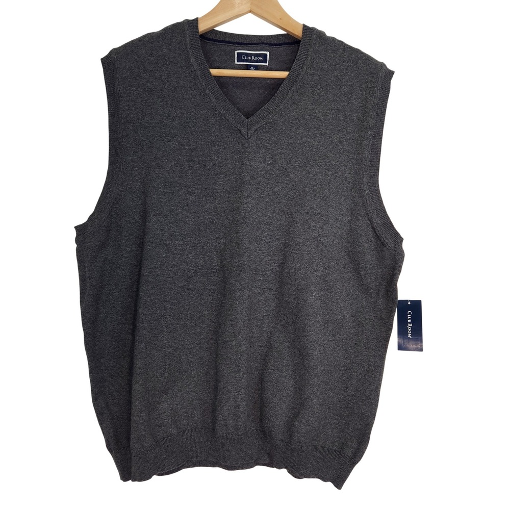 Club Room NWT Mens V Neck Sweater Vest Charcoal Gray XL Cotton Blend Golf Casual